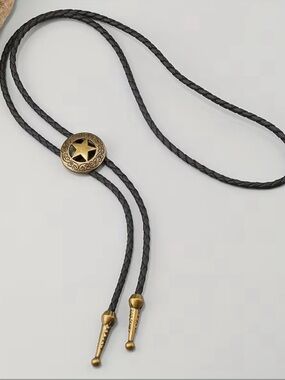 Black Braided Bolo Tie with Antique Gold Star Slide